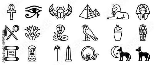 Various ancient Egyptian symbols and artifacts are depicted in a clean, black outline style, showcasing historical culture