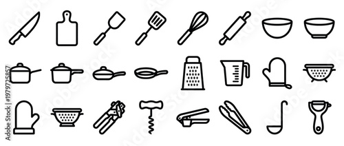 Comprehensive collection of black outline kitchen utensils and cooking tools, presented as simple graphic icons on a clean white field