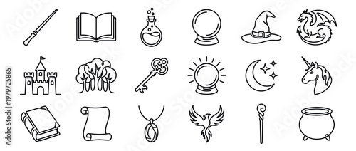 Various fantasy and magic themed outline icons, including a wand, spellbook, potion, crystal ball, and wizard hat, arranged neatly