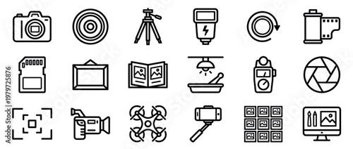 Comprehensive collection of black outline photography and videography icons, including cameras, lenses, and various accessories, presented in a clean, modern style