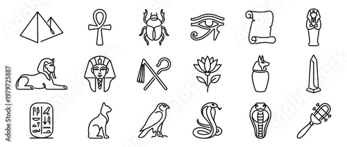 Various ancient Egyptian symbols and artifacts are depicted in a clean, minimalist line art style, showcasing historical culture