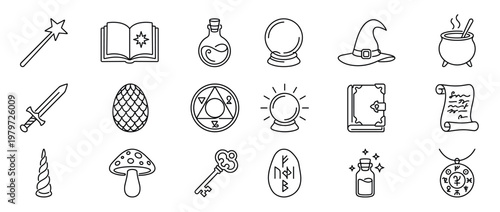Collection of various outline magic and fantasy icons including a wand, spellbook, potion, crystal ball, and witch hat