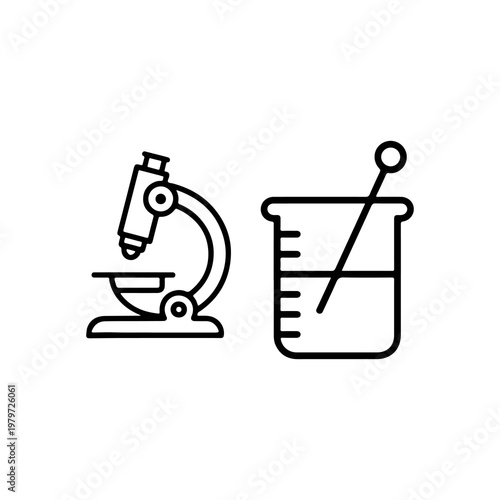 Scientific tools: microscope and beaker with thermometer illustration Vector

