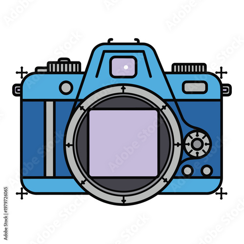 Blue digital single lens reflex camera with large lens and viewfinder on white icon