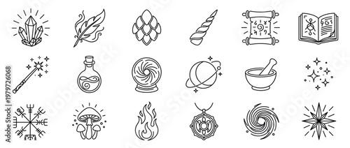 Various magical and mystical line art icons including crystals, a wand, a scroll, and a potion bottle, rendered in a clean, minimalist style