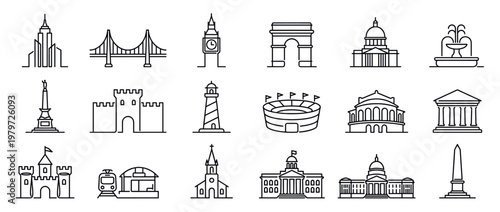 Collection of various outline landmark icons depicting famous buildings, monuments, and structures in a clean, minimalist style