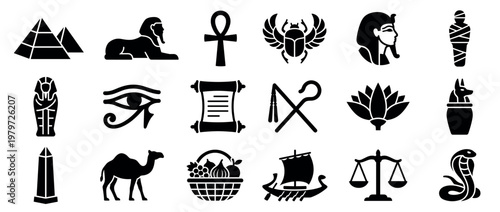 Various black silhouette icons representing ancient Egyptian culture and mythology are neatly arranged in a grid pattern