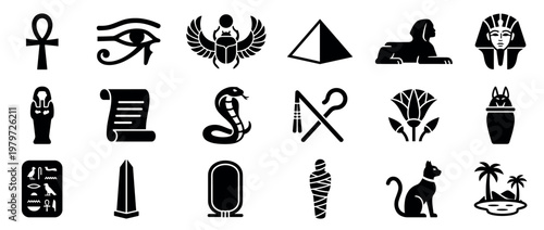 Collection of black silhouette ancient Egyptian symbols and icons, including the ankh, Eye of Horus, scarab, pyramid, sphinx, and pharaoh's mask