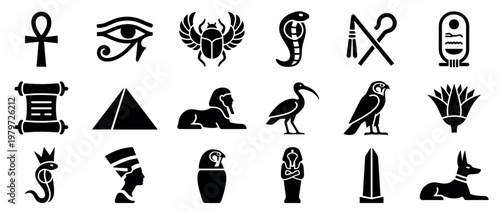 Collection of ancient Egyptian symbols and icons, including the ankh, Eye of Horus, scarab, and pyramid, presented in a clean, graphic style