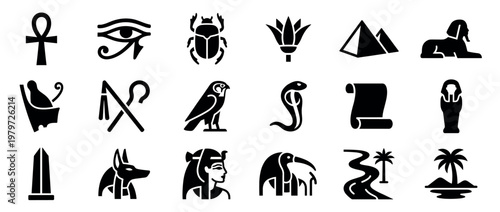 Collection of black ancient Egyptian symbols and icons, including ankh, eye of Horus, scarab, pyramid, and sphinx, presented as a flat graphic illustration