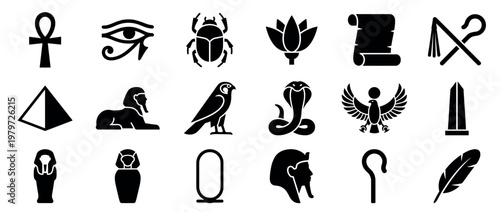Collection of black ancient Egyptian symbols and hieroglyphs, including an ankh, Eye of Horus, scarab, lotus, and pyramid