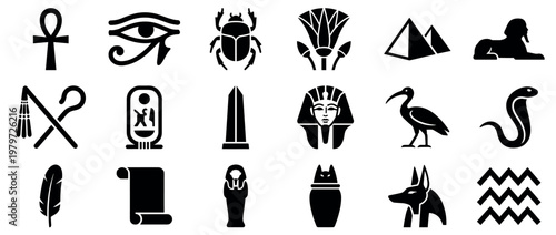 Comprehensive collection of ancient Egyptian black silhouette icons, including symbols like the Ankh, Eye of Horus, pyramids, and various deities