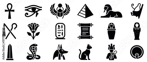 Collection of black silhouette ancient Egyptian symbols and artifacts arranged neatly on a white surface, showcasing historical culture