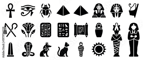 Collection of black Egyptian symbols and ancient icons are arranged neatly in rows, presented in a clean, graphic style