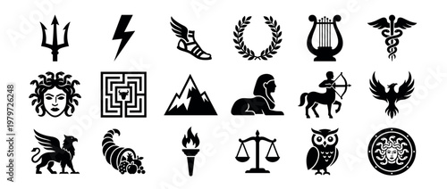 Various black silhouette icons representing ancient Greek mythology, including a trident, lightning bolt, winged sandal, and Medusa's head