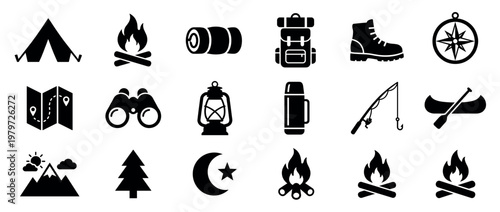 Black silhouette camping and outdoor adventure icons set on a white surface, featuring various essential items for exploration
