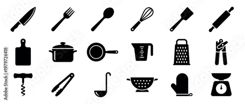 Various black kitchen utensils and cooking tools are neatly arranged in a grid pattern, showcasing essential culinary equipment