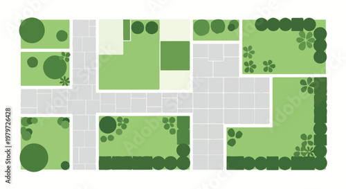 Landscape design plan vector, garden layout with green grass and stone pathways, architectural site map for backyard landscaping and urban parks
