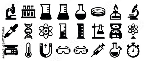 Comprehensive collection of black silhouette science and laboratory icons, depicting various essential tools and concepts in a clean, graphic style