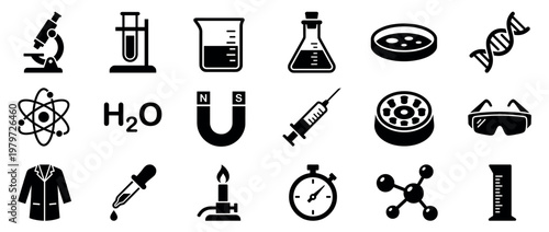 Comprehensive collection of black silhouette science and laboratory equipment icons, including a microscope, test tube, and beaker
