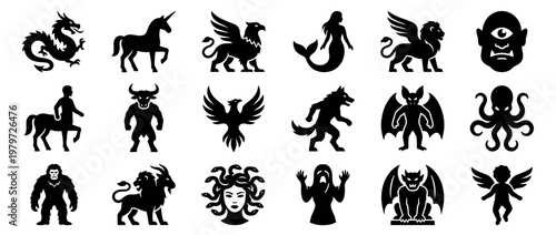 Various black mythological creatures and fantasy monsters are depicted as simple, bold silhouettes in a clean, graphic style