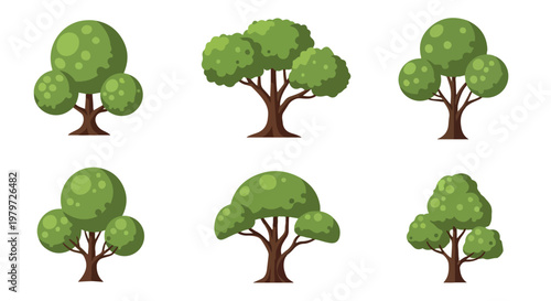 Flat vector tree collection, set of 6 green cartoon trees with round foliage, minimalist forest vegetation icons for landscape design and games