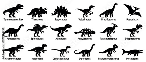 Collection of various black dinosaur silhouettes with their names displayed underneath each prehistoric creature, presented in a clean, graphic style