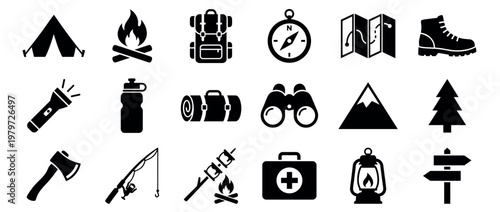 Collection of black silhouette camping and hiking icons, including a tent, campfire, backpack, compass, map, boot, flashlight, water bottle, sleeping bag, binoculars, mountain, tree, axe,