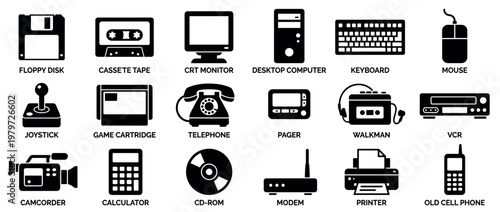 Collection of black silhouette retro technology icons representing various vintage electronic devices from past decades