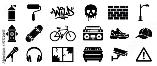Collection of black silhouette urban street icons including a spray can, skateboard, bicycle, and boombox