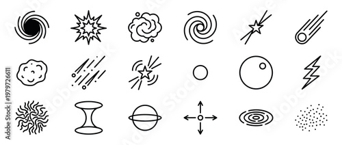Collection of various space and astronomy-related line icons, including galaxies, stars, planets, and cosmic phenomena