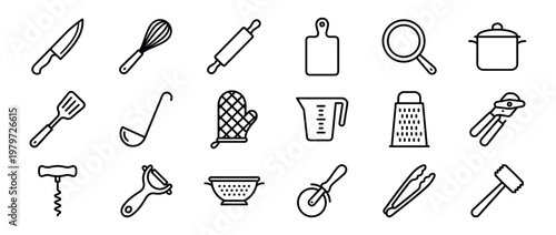 Collection of various black outline kitchen utensils and cooking tools arranged neatly in a grid pattern