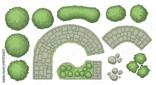 Garden landscape design elements, top view vector set of green bushes and stone paths, architectural landscaping map icons for park planning