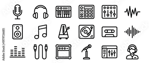 Comprehensive collection of black outline music and audio icons, including microphones, headphones, speakers, and sound waves, presented in a clean, modern style