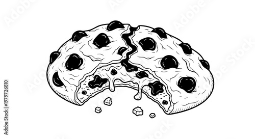 Broken chocolate chip cookie with melted chocolate, art vector, isolated food illustration