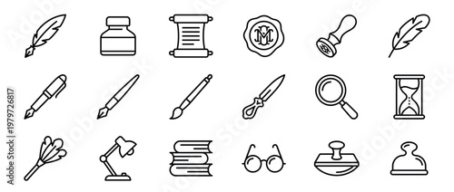 Collection of black outline icons representing various writing and office tools, including quill pens, ink bottles, and scrolls