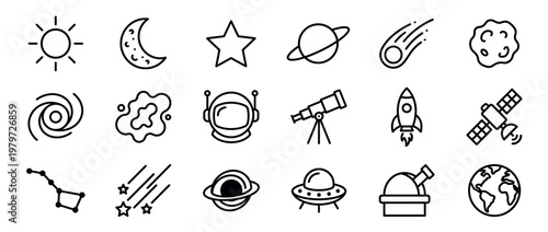 Collection of various simple black outline space icons including planets, stars, rockets, and celestial bodies