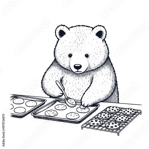 Bear decorating cookies with spoon.
