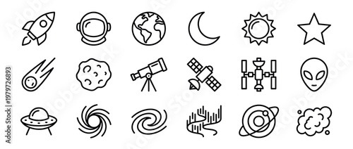 Collection of various space-themed outline icons, including a rocket, astronaut helmet, Earth, moon, sun, star, comet, asteroid, telescope, satellites, alien, UFO, galaxies, aurora, solar
