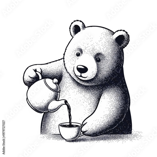 Bear pouring tea from teapot.
