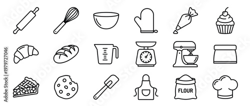 Collection of baking and pastry icons, including kitchen tools, ingredients, and finished baked goods, presented in a clean line art style