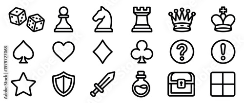 Collection of black outline game and fantasy icons, including dice, chess pieces, card suits, and quest items, presented with clear lines