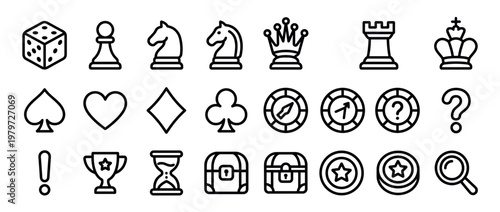 Collection of various outline game and gambling icons, including chess pieces, playing card suits, and casino chips, presented in a clean, minimalist style