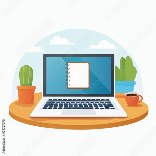 Modern home office setup with a laptop, notebook, and potted plants