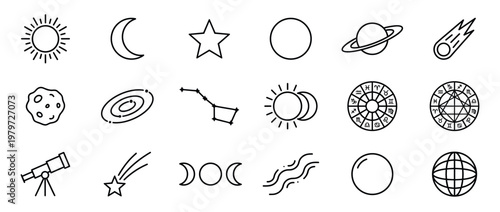 Various black outline celestial and astronomy icons are neatly arranged in rows, featuring planets, stars, and zodiac symbols