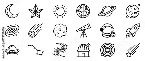 Collection of various space and astronomy-related line icons, including planets, stars, rockets, and celestial bodies, presented in a clean, minimalist style