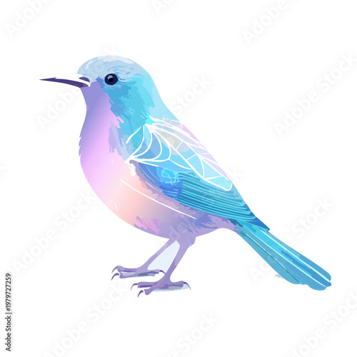 Whimsical blue bird with ethereal luminous patterns on a white background