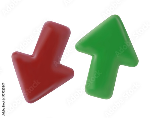 Minimalist 3D set of green upward and red downward arrows, isolated on a white background. Realistic glossy render for financial market analysis, stock trading indicators, profit and loss comparison
