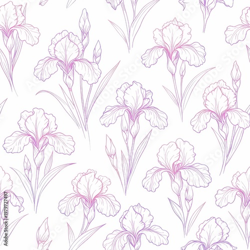 Seamless hand-drawn iris floral pattern in delicate pink and purple line art on white background, subtle gradient outlines, elegant botanical illustration for wallpaper textiles