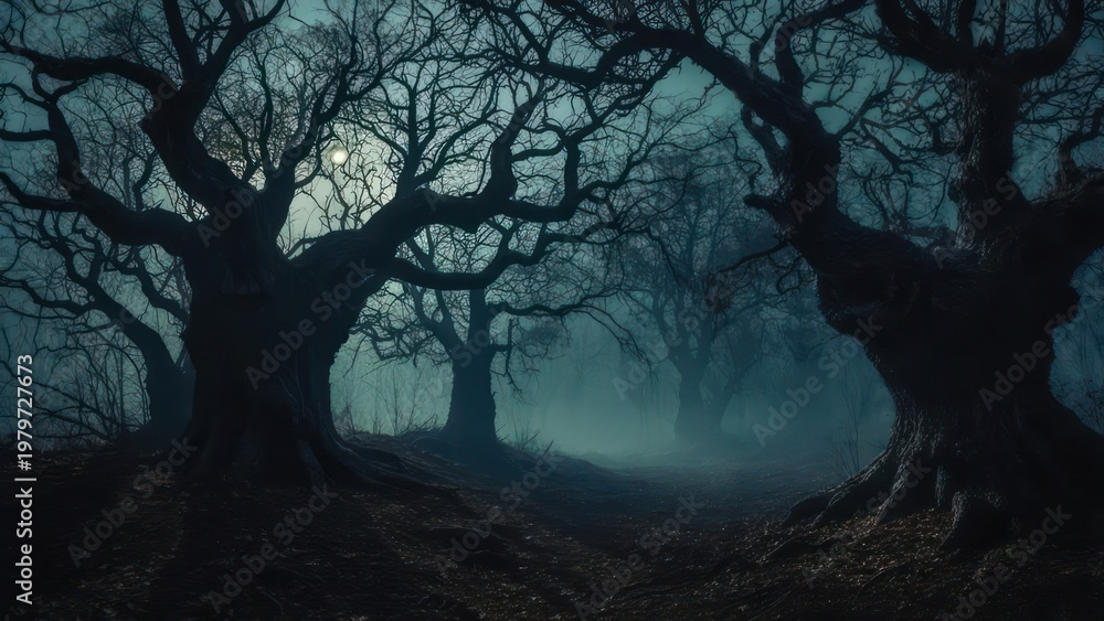 Fototapeta premium Misty, moonlit forest at night